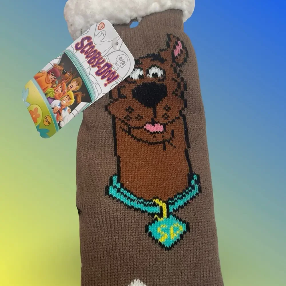 Scooby-Doo Sherpa Lined Slipper Socks Brown Teal Collar Dog Bones NWT One Size